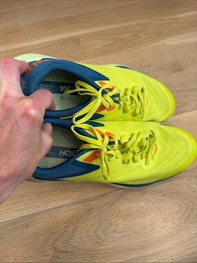 Hoka mens Neon Yellow and Blue Athletic Sneakers with Orange Accents